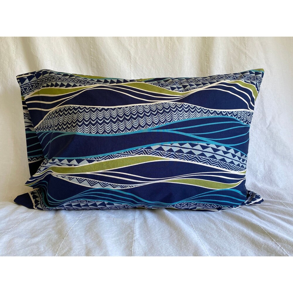 Blue Pillowcase with Green and Blue Modern Tapa Print Pattern | Handmade